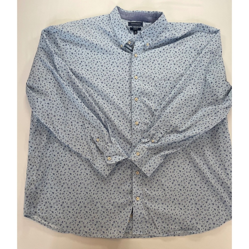 Crown& Ivy Mens 3X Classic Fit Floral Button Down Shirt Long Sleeve Blue Pattern